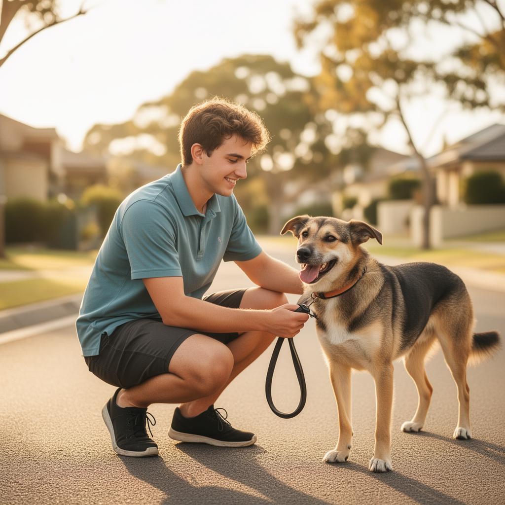 Dog walker attaching a lead to a friendly dog — Sarah M. in Fitzroy