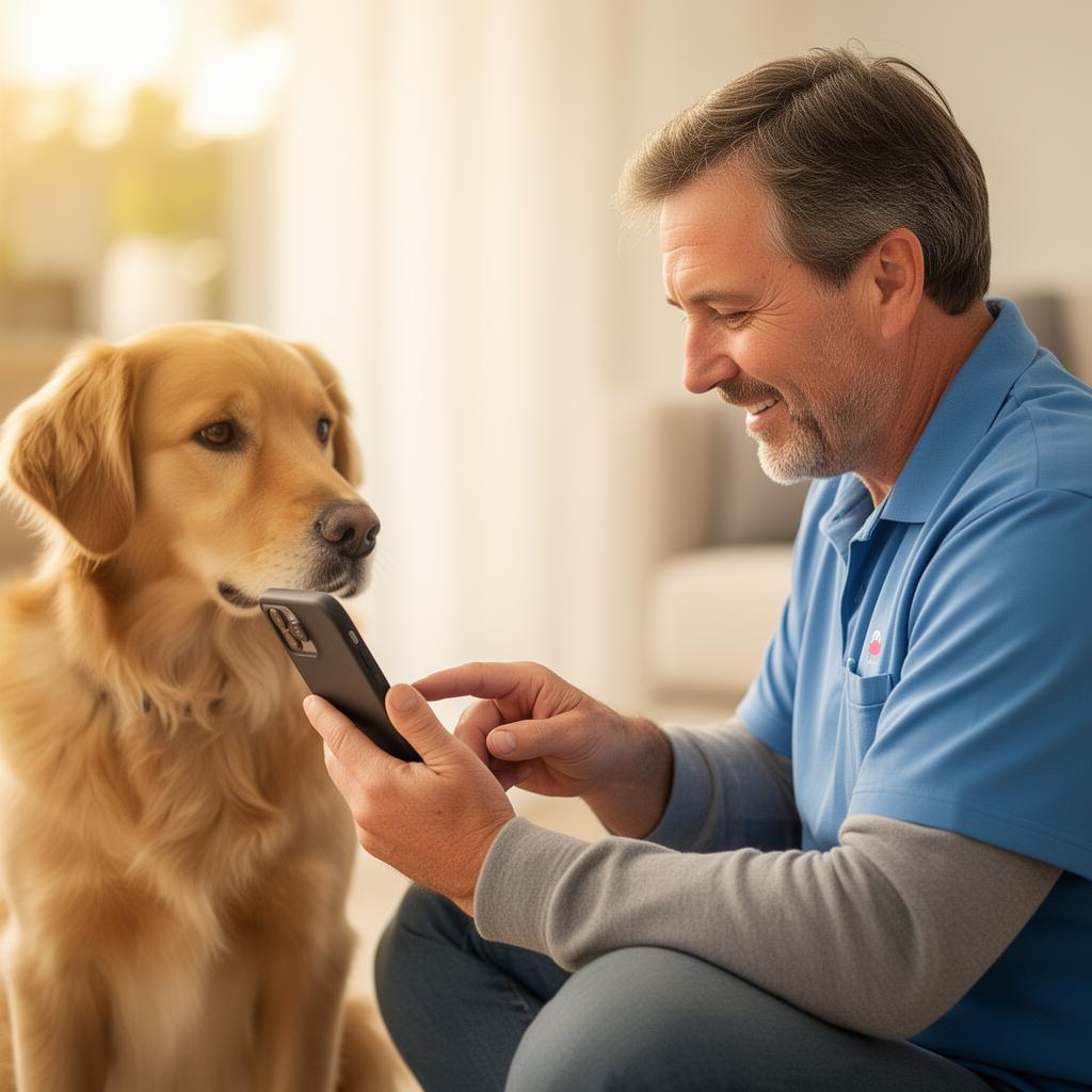 Pet carer checking pet care instructions on a phone — Emma L. in Carlton