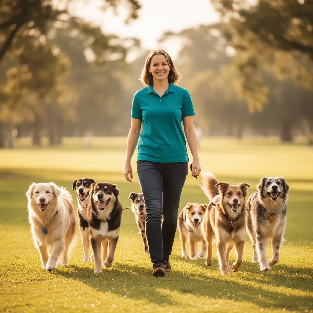 Pet carer walking multiple dogs together in a park — David R. in Brunswick