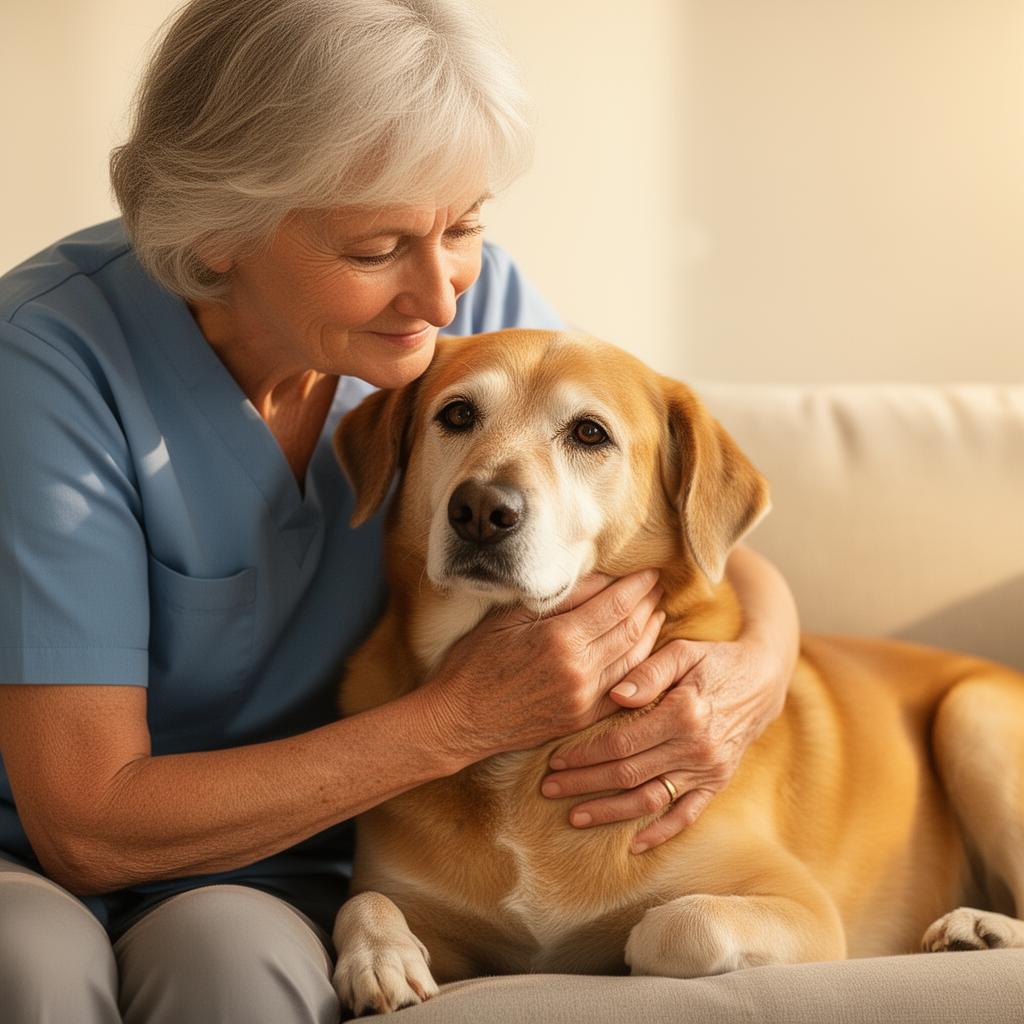 Pet sitter cuddling a calm senior dog — Grace H. in South Yarra