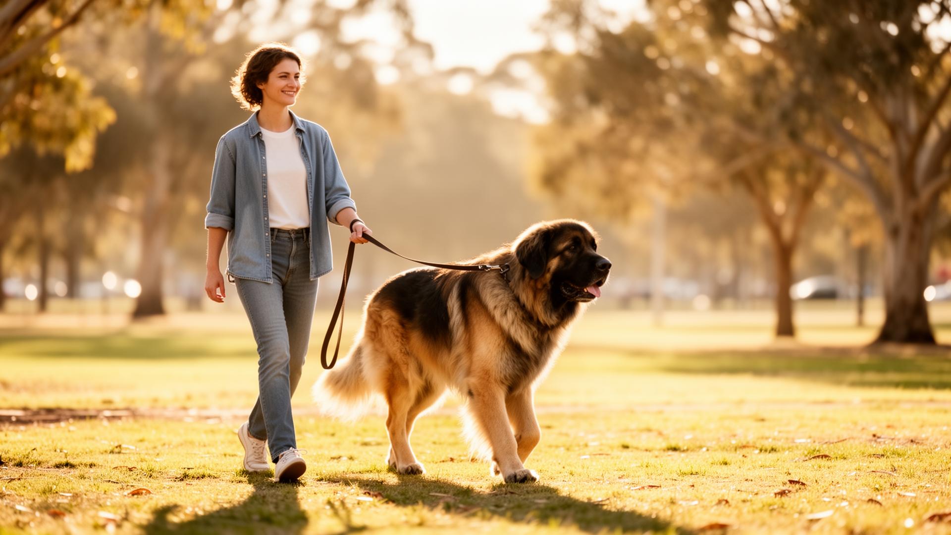 Walking a large breed dog through a sunny park — Sarah M. in Fitzroy