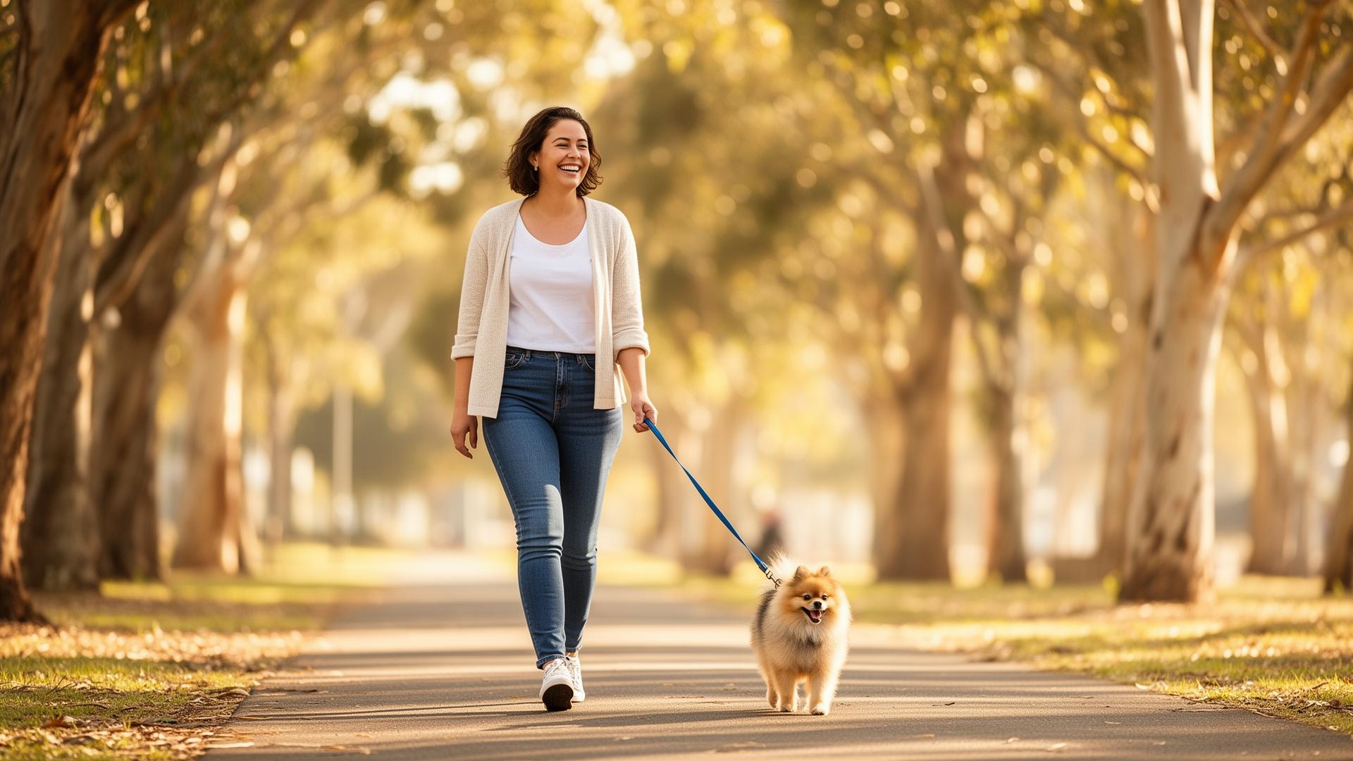 Walking a small fluffy dog along a tree-lined path — David R. in Brunswick